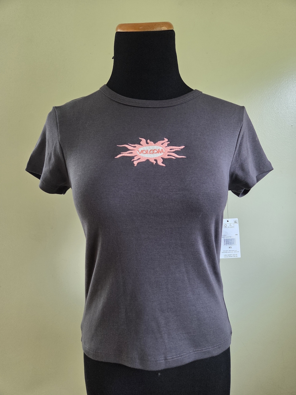 Volcom Women's Charcoal Short Sleeve Logo Shirt Size XS